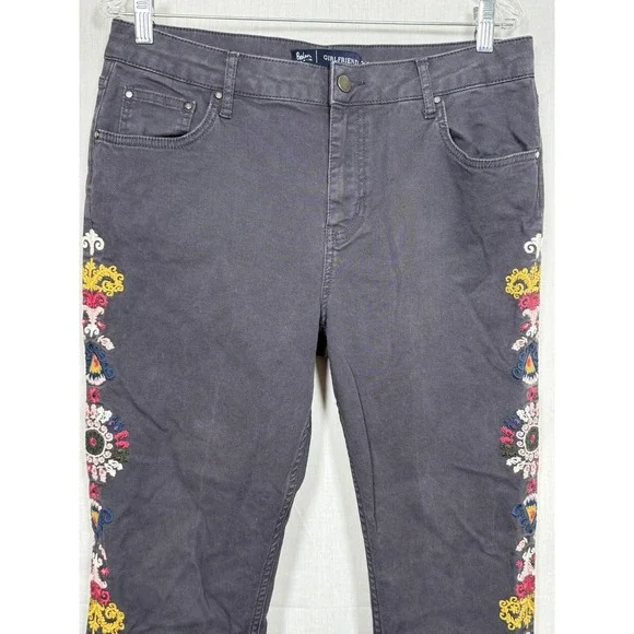 Boden Women's Size 10 Gray Stretch Cotton Floral Embroidered Girlfriend Jeans - Picture 3 of 13